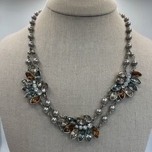 Gray Faux Pearl Rhinestone Necklace Double Strand Floral Statement Bib